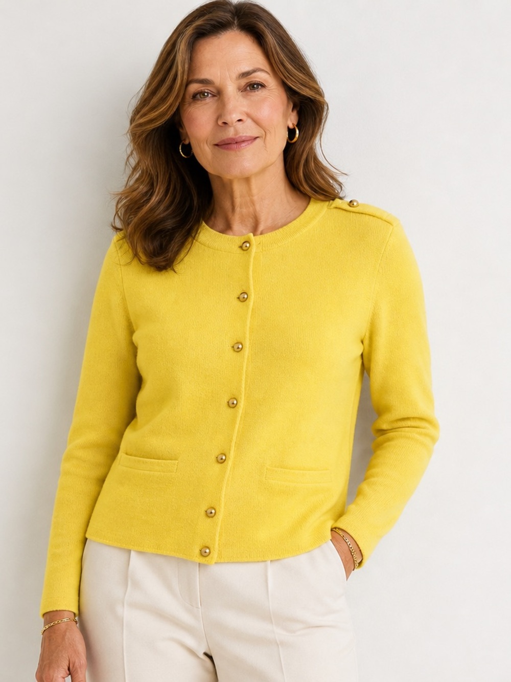 Talbots Petite LP Yellow Merino Wool Cardigan Gold Button Sweater Preppy Classic
